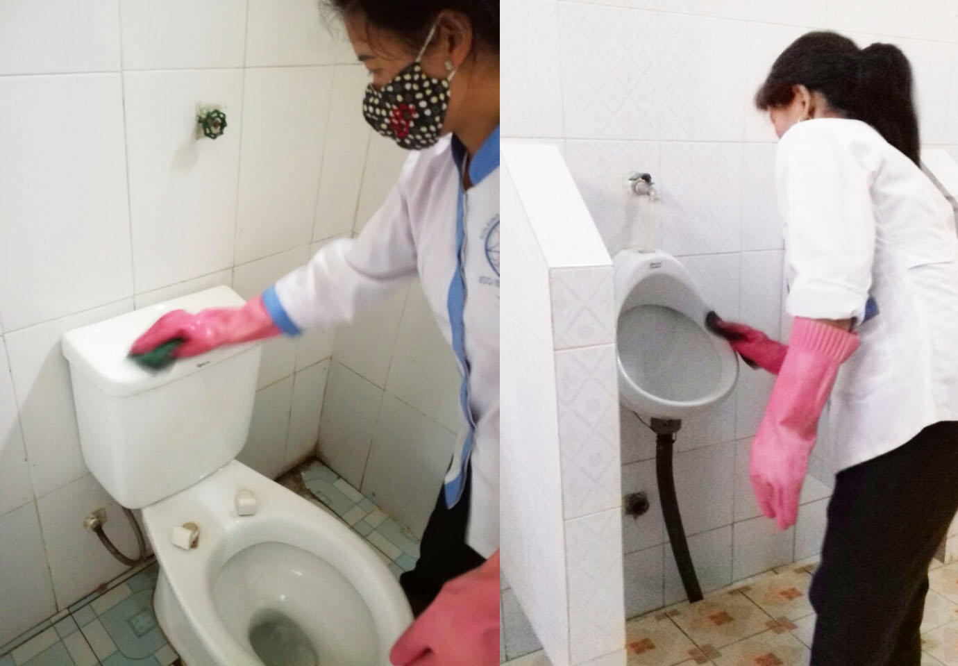Đeo găng tay, bịt khẩu trang khi tẩy rửa bồn cầu